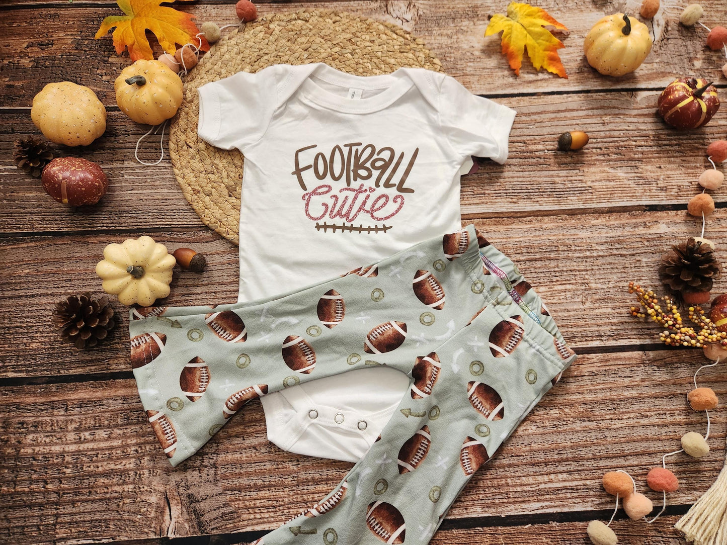 Football cutie girls game day football spirit outfit, baby bodysuit and bell bottoms set
