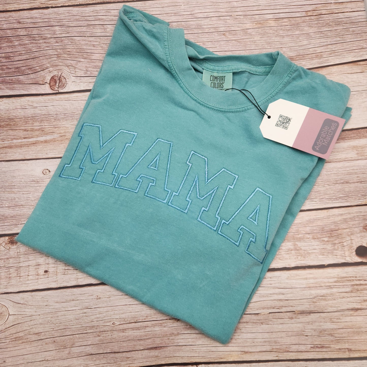 Personalized Mama Shirt: Embroidered Varsity Font, Seafoam Green