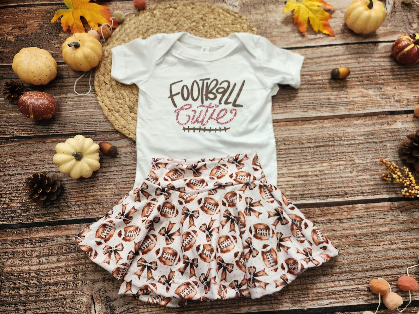 Football cutie girls game day football spirit outdit, baby bodysuit and skort set