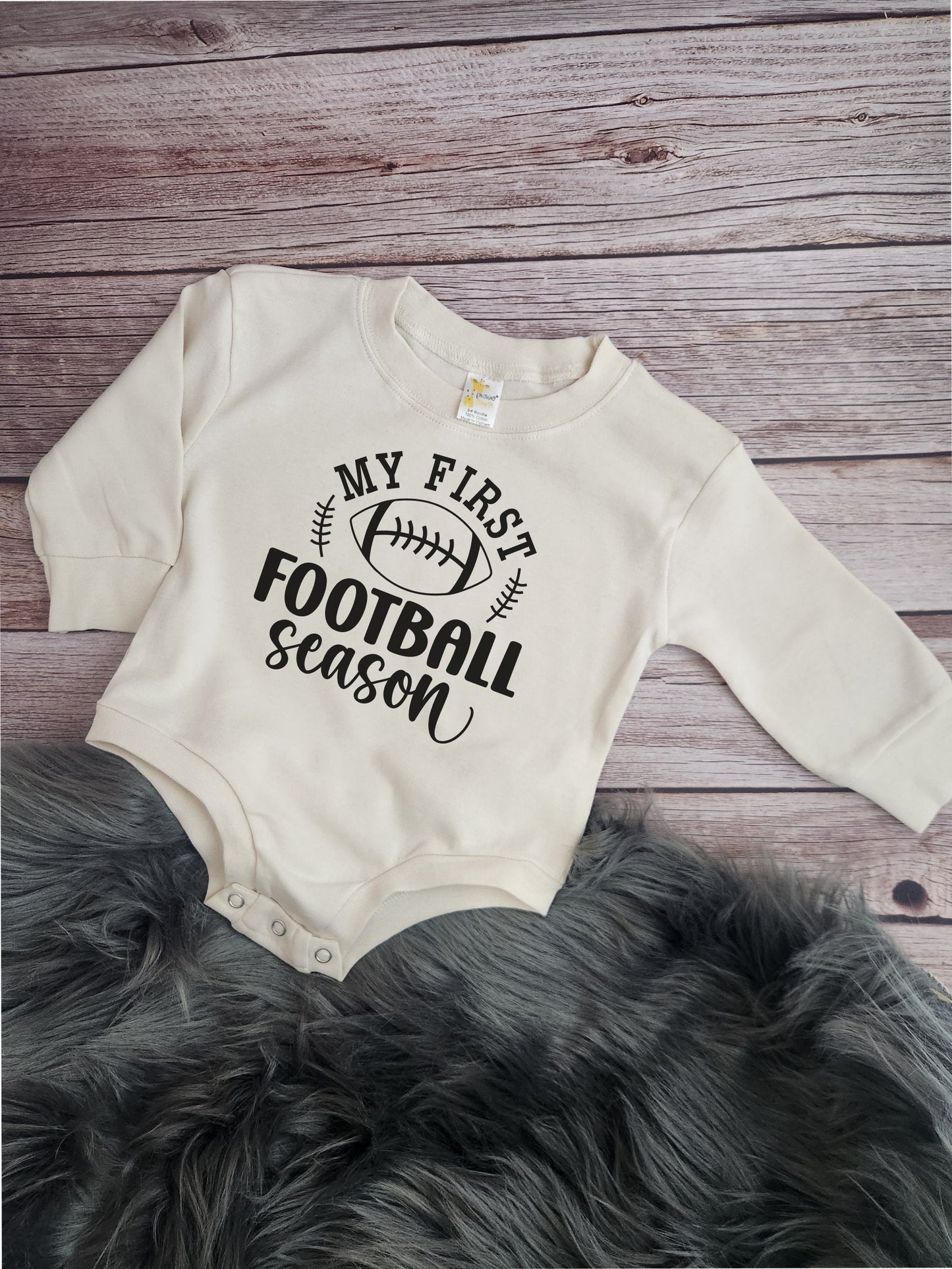 My First Football Season Baby Romper: Natural Long Sleeve Bodysuit