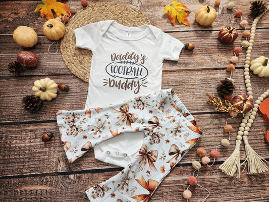 Football buddy girls game day football spirit outfit, baby bodysuit and bell bottoms set