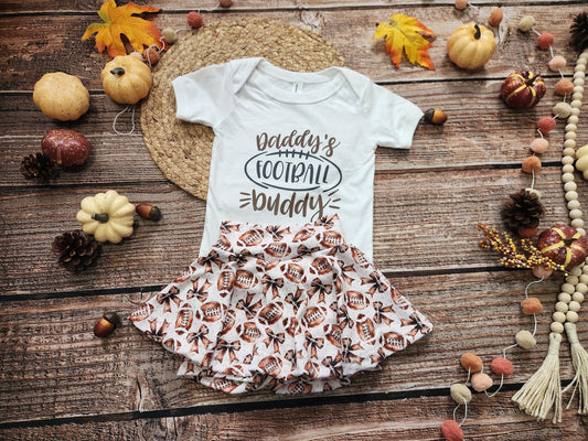 Football cutie girls game day football spirit outfit, baby bodysuit and skort set