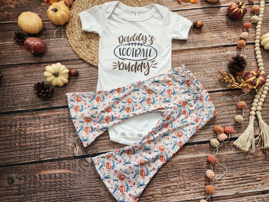 Football buddy girls game day football spirit outfit, baby bodysuit and bell bottoms set