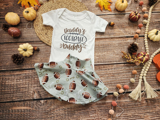 Football cutie girls game day football spirit outfit, baby bodysuit and skort set
