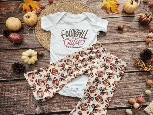 Football cutie girls game day football spirit outfit, baby bodysuit and bell bottoms set