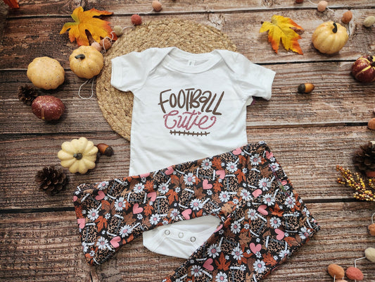 Football cutie girls game day football spirit outfit, baby bodysuit and bell bottoms set