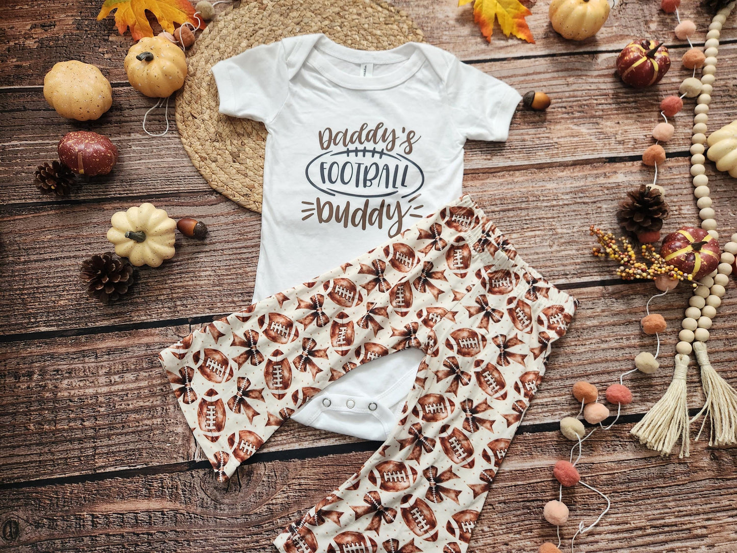 Football buddy girls game day football spirit outfit, baby bodysuit and bell bottoms set