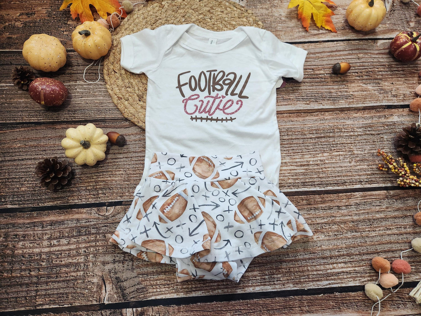 Football cutie girls game day football spirit outdit, baby bodysuit and skort set