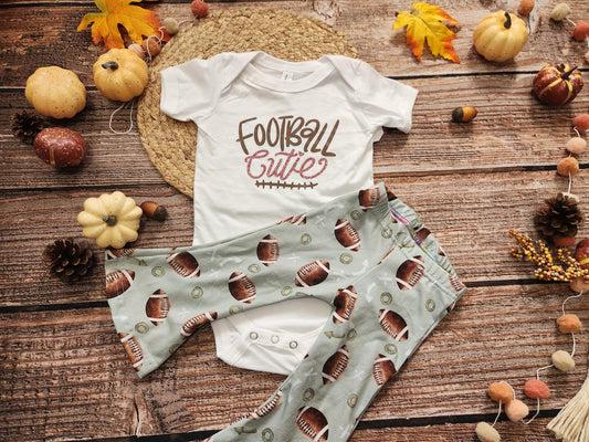 Football cutie girls game day football spirit outfit, baby bodysuit and bell bottoms set