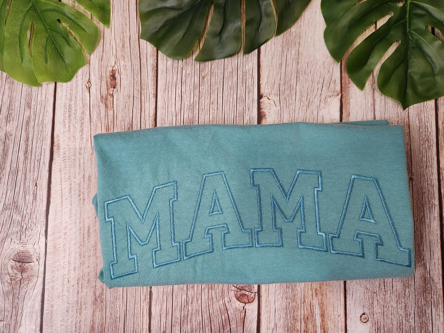 Personalized Mama Shirt: Embroidered Varsity Font, Seafoam Green