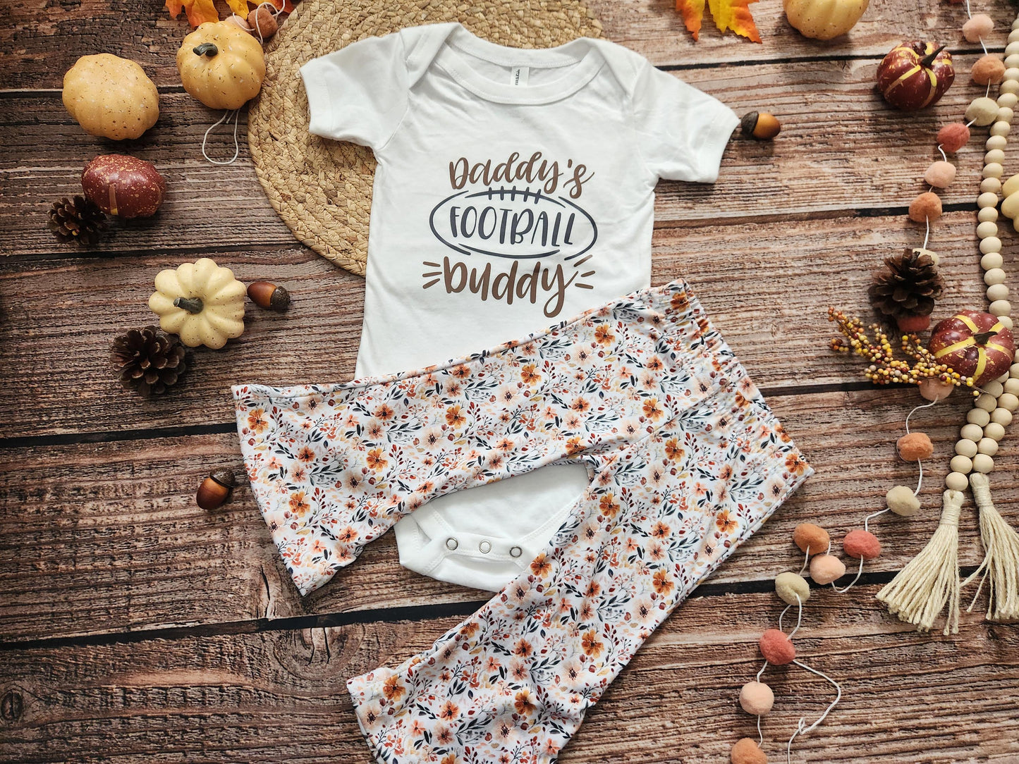 Football buddy girls game day football spirit outfit, baby bodysuit and bell bottoms set
