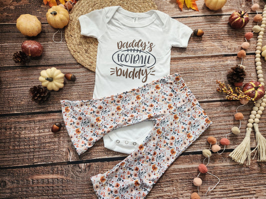 Football buddy girls game day football spirit outfit, baby bodysuit and bell bottoms set