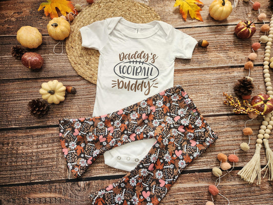 Football buddy girls game day football spirit outfit, baby bodysuit and bell bottoms set