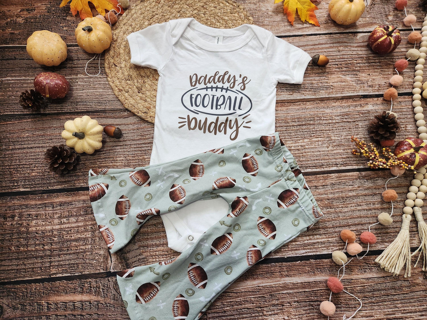 Football buddy girls game day football spirit outfit, baby bodysuit and bell bottoms set