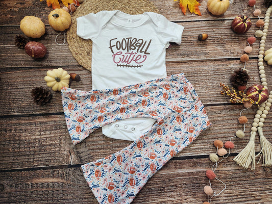 Football cutie girls game day football spirit outfit, baby bodysuit and bell bottoms set