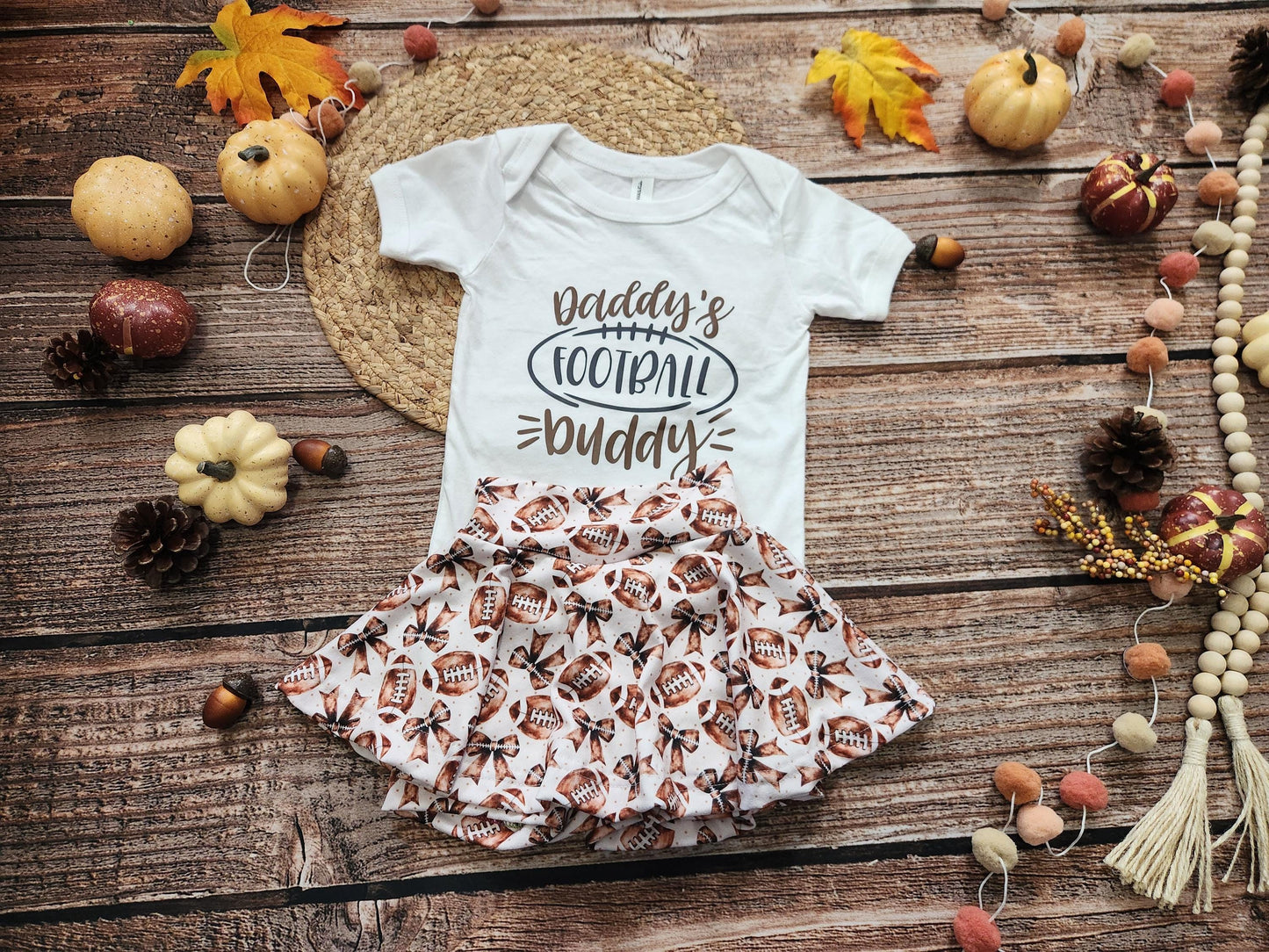 Football cutie girls game day football spirit outfit, baby bodysuit and skort set