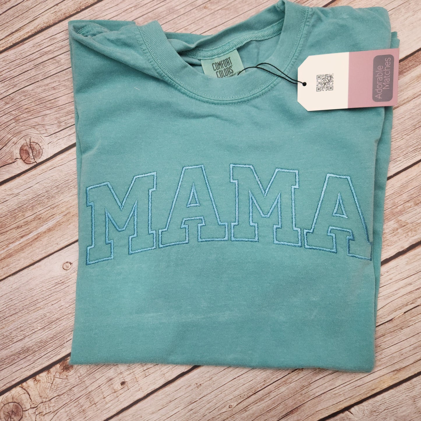 Personalized Mama Shirt: Embroidered Varsity Font, Seafoam Green