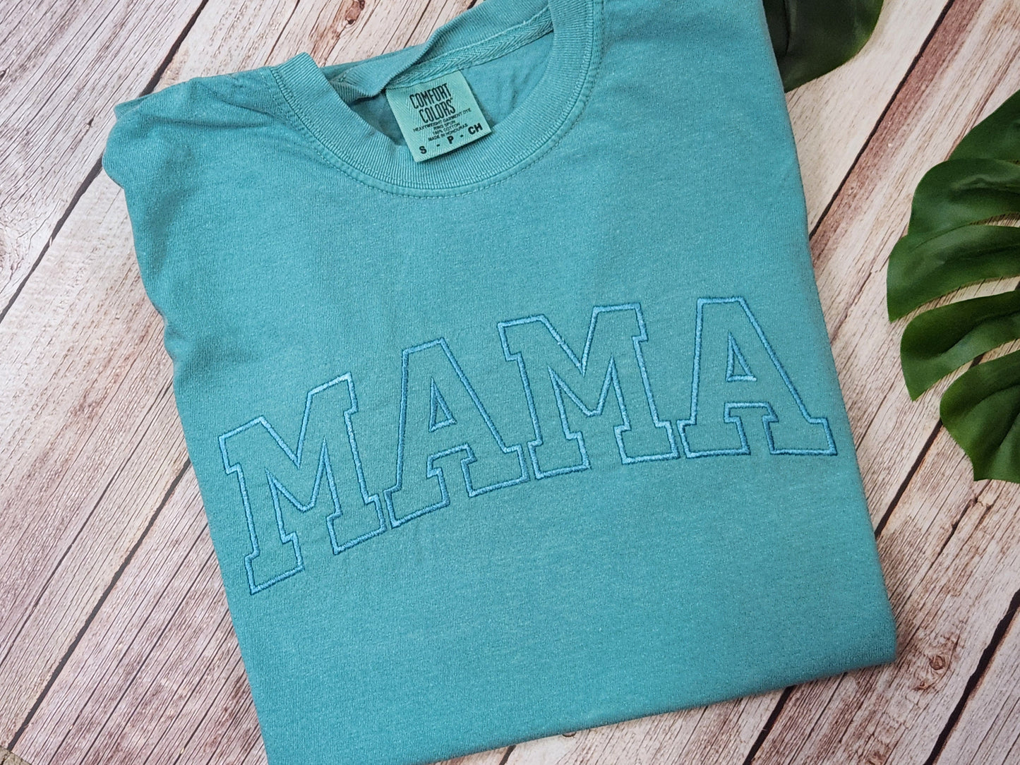Personalized Mama Shirt: Embroidered Varsity Font, Seafoam Green
