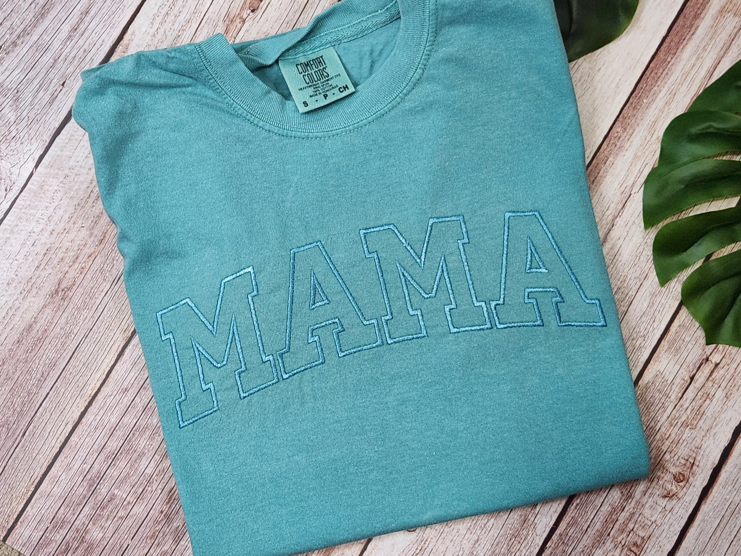 Personalized Mama Shirt: Embroidered Varsity Font, Seafoam Green