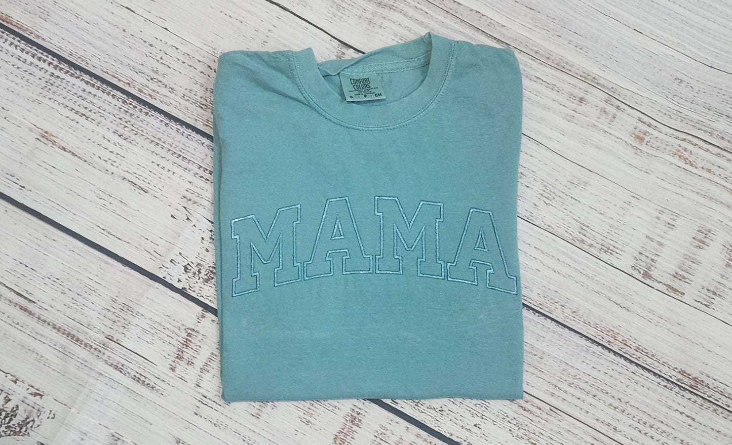 Personalized Mama Shirt: Embroidered Varsity Font, Seafoam Green