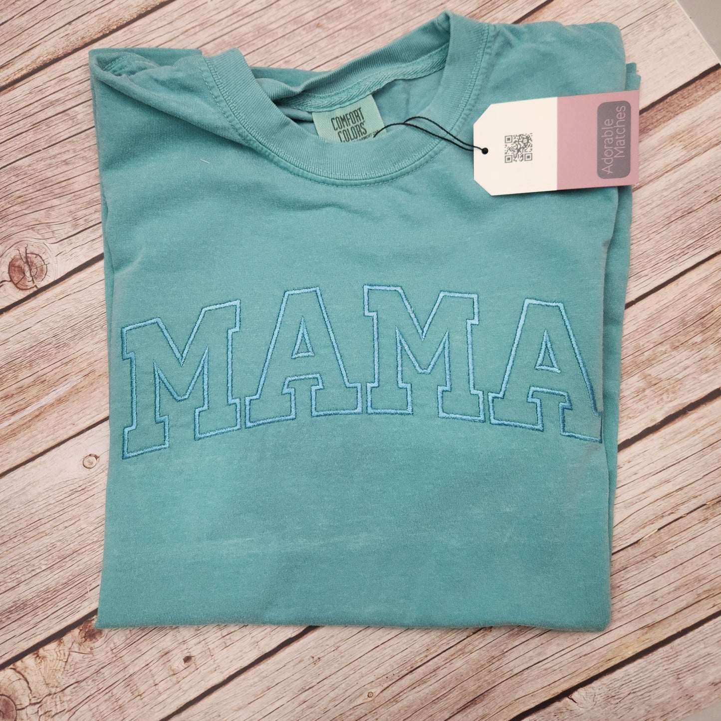 Personalized Mama Shirt: Embroidered Varsity Font, Seafoam Green