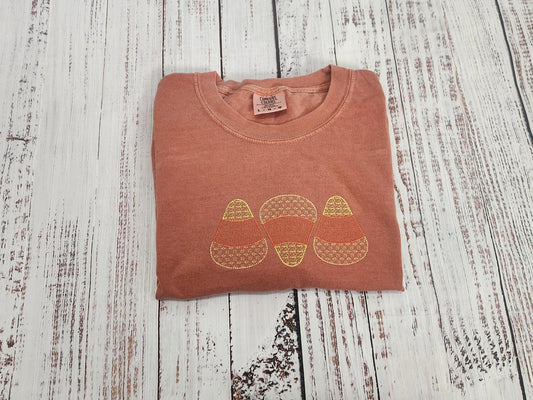 Embroidered Candy Corn Comfort Colors Shirt - Trendy Fall Crewneck