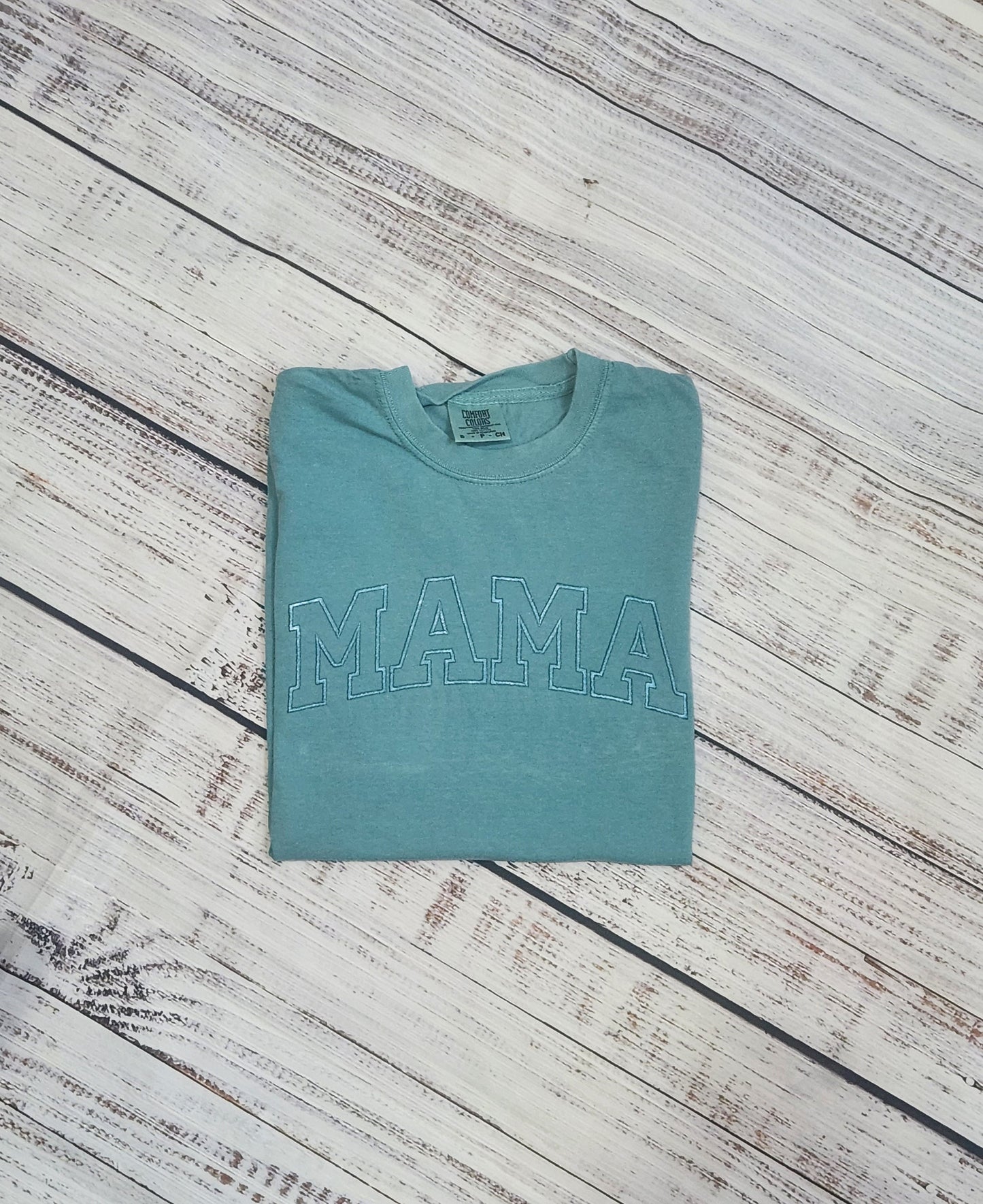 Personalized Mama Shirt: Embroidered Varsity Font, Seafoam Green