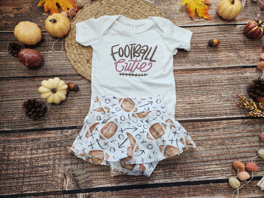 Football cutie girls game day football spirit outdit, baby bodysuit and skort set