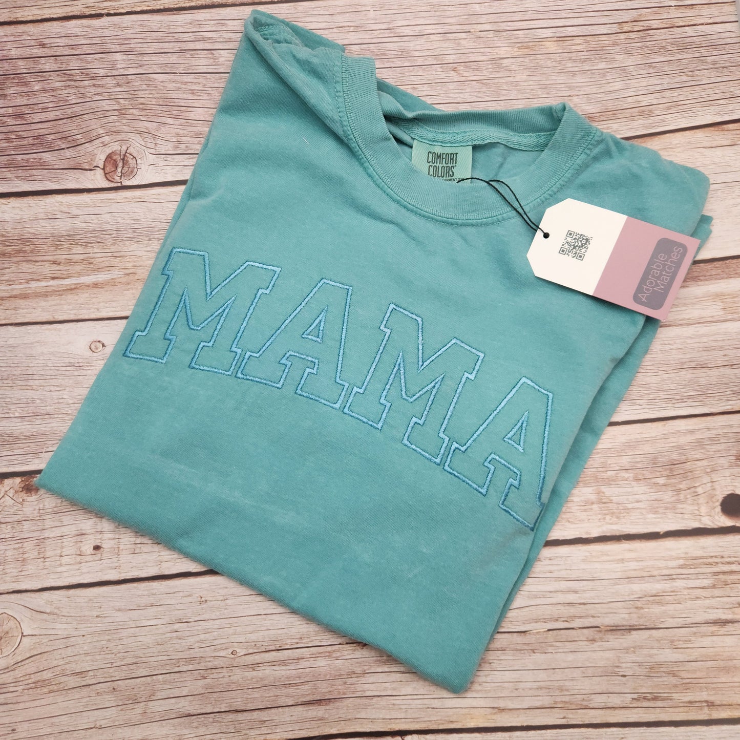 Personalized Mama Shirt: Embroidered Varsity Font, Seafoam Green