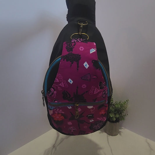 Alice in Wonderland Retro Sling Bag, Ruby Star Society Hello Alice Crossbody, Black Bonded Nylon Techwear Purse, Kandou Crafts Pattern