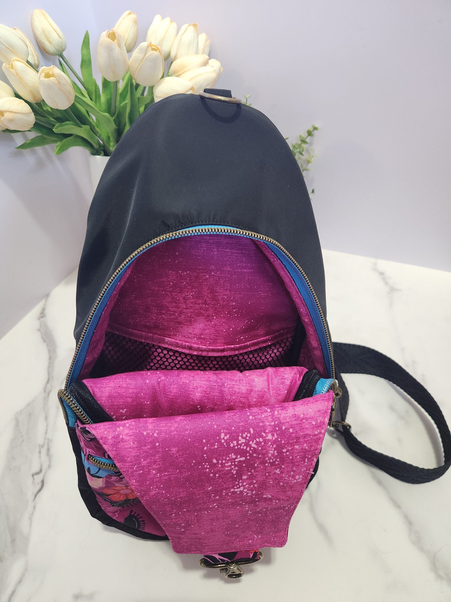 Alice in Wonderland Retro Sling Bag, Ruby Star Society Hello Alice Crossbody, Black Bonded Nylon Techwear Purse, Kandou Crafts Pattern