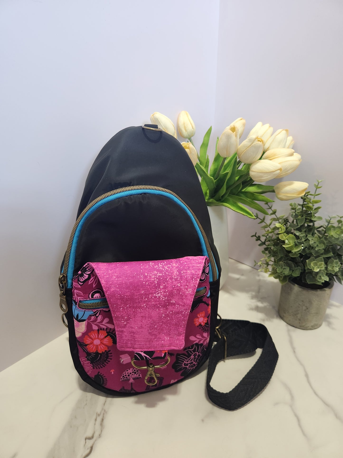 Alice in Wonderland Retro Sling Bag, Ruby Star Society Hello Alice Crossbody, Black Bonded Nylon Techwear Purse, Kandou Crafts Pattern