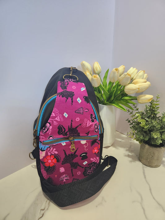 Alice in Wonderland Retro Sling Bag, Ruby Star Society Hello Alice Crossbody, Black Bonded Nylon Techwear Purse, Kandou Crafts Pattern